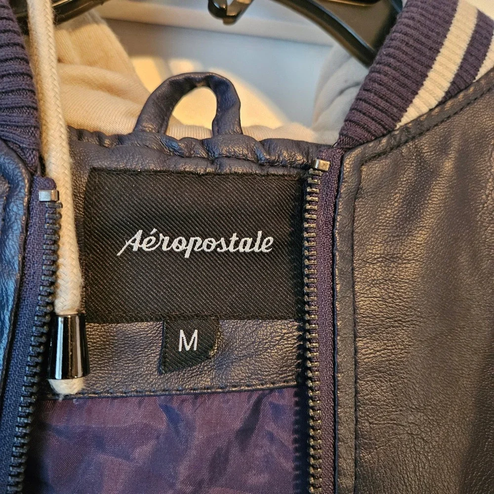 Aeropostale Bomber Varsity Letter Jacket Navy Faux Leather Mens Medium Hoodie‎